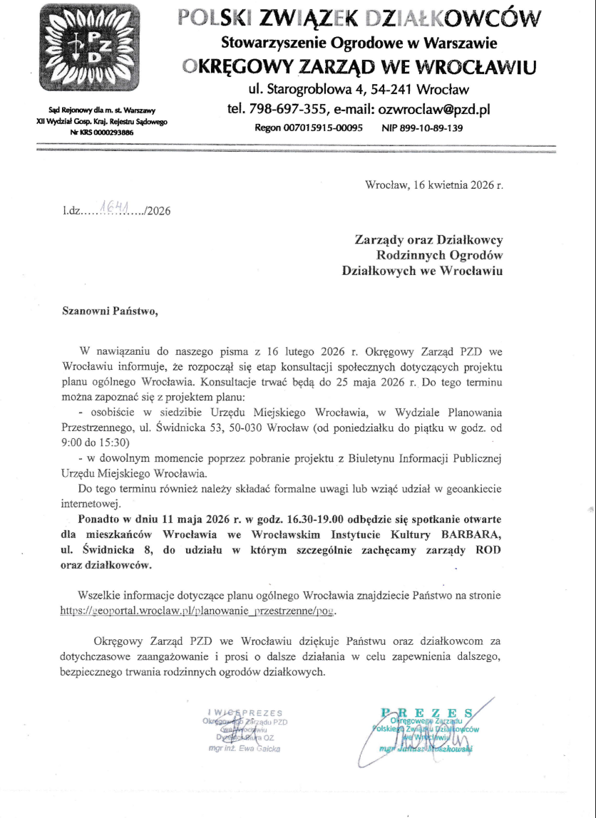 2026 05 08 22 10 00 Pismo OZ PZD w sprawie spotkania dot.planu przestrzennego Wrocławia 11.05.2026